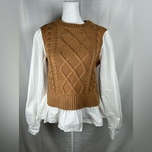 Anthropologie Layered Cable Knit Sweater Top Size Small Brown White Cotton Blend